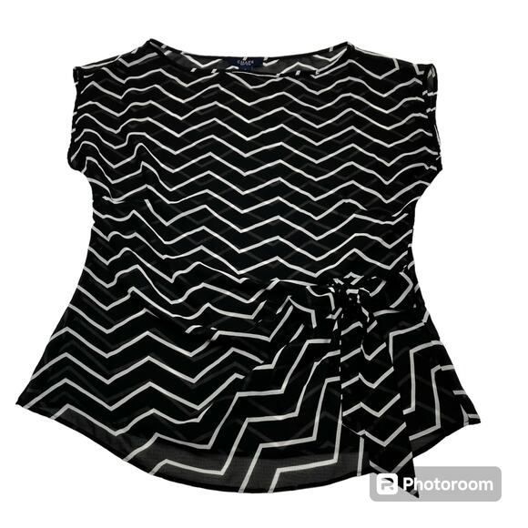 Chaps Womens SZ S Chevron Black & White Top Sheer Asymmetrical Hem Bow At Waist - Picture 4 of 14